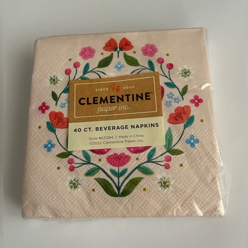 New 40 Pink Paper Beverage Napkins Clementine Butterflies Flowers Leaves